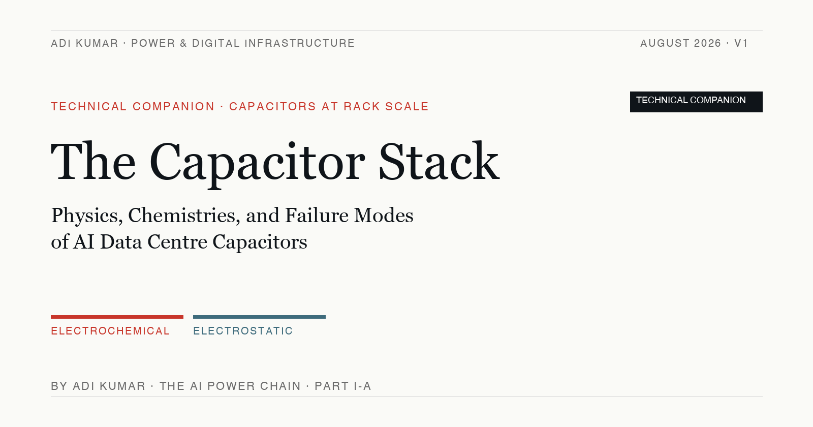 The Capacitor Stack Technical Companion, August 2026. Editorial cover with electrochemical and electrostatic accent bar.