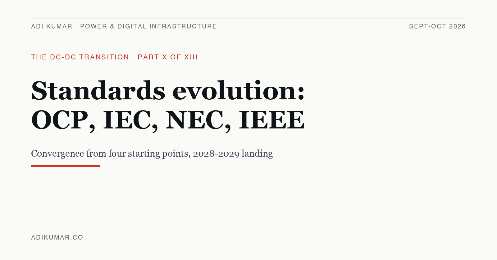 Standards evolution: OCP, IEC, NEC, IEEE, and the 2028-2029 convergence