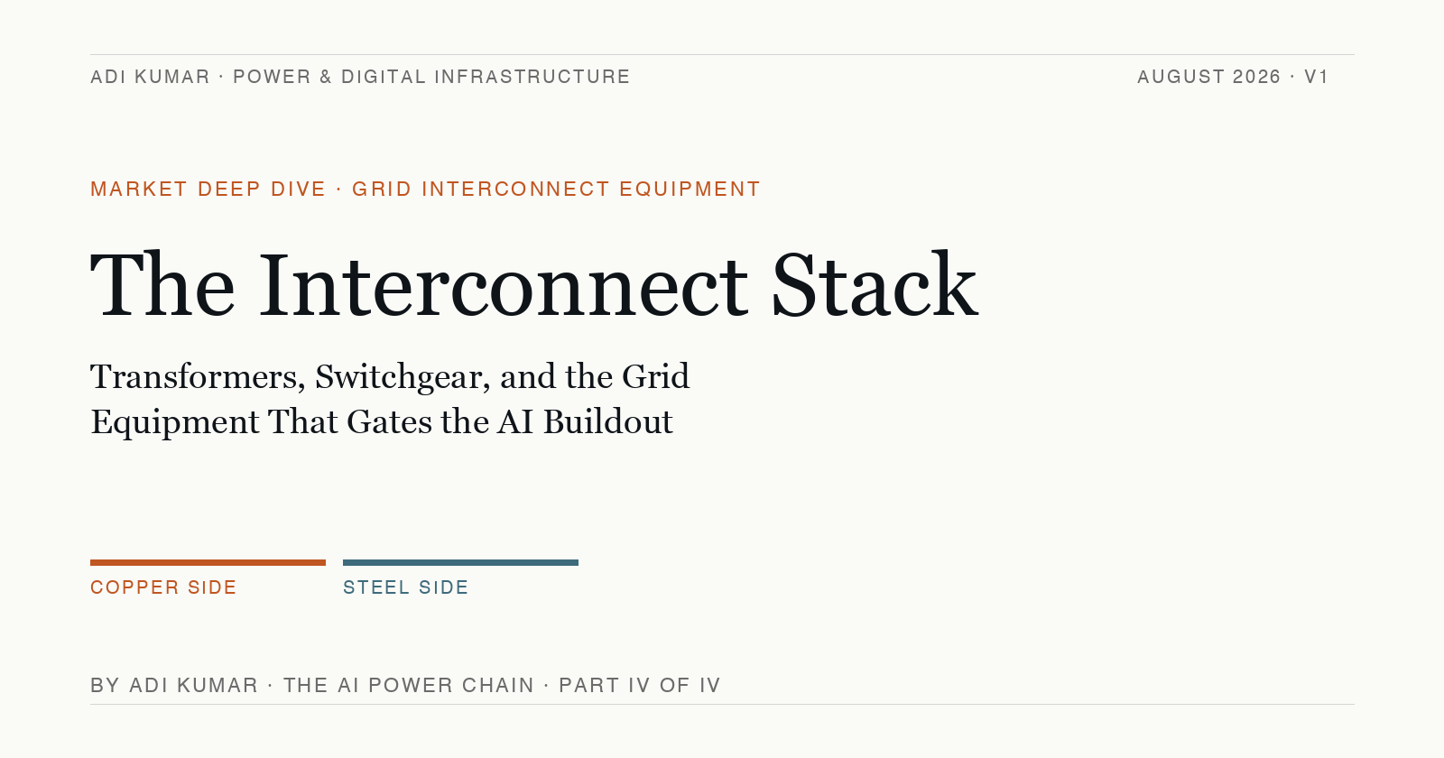The Interconnect Stack, market deep dive, August 2026. Editorial cover with copper and steel accent bar.
