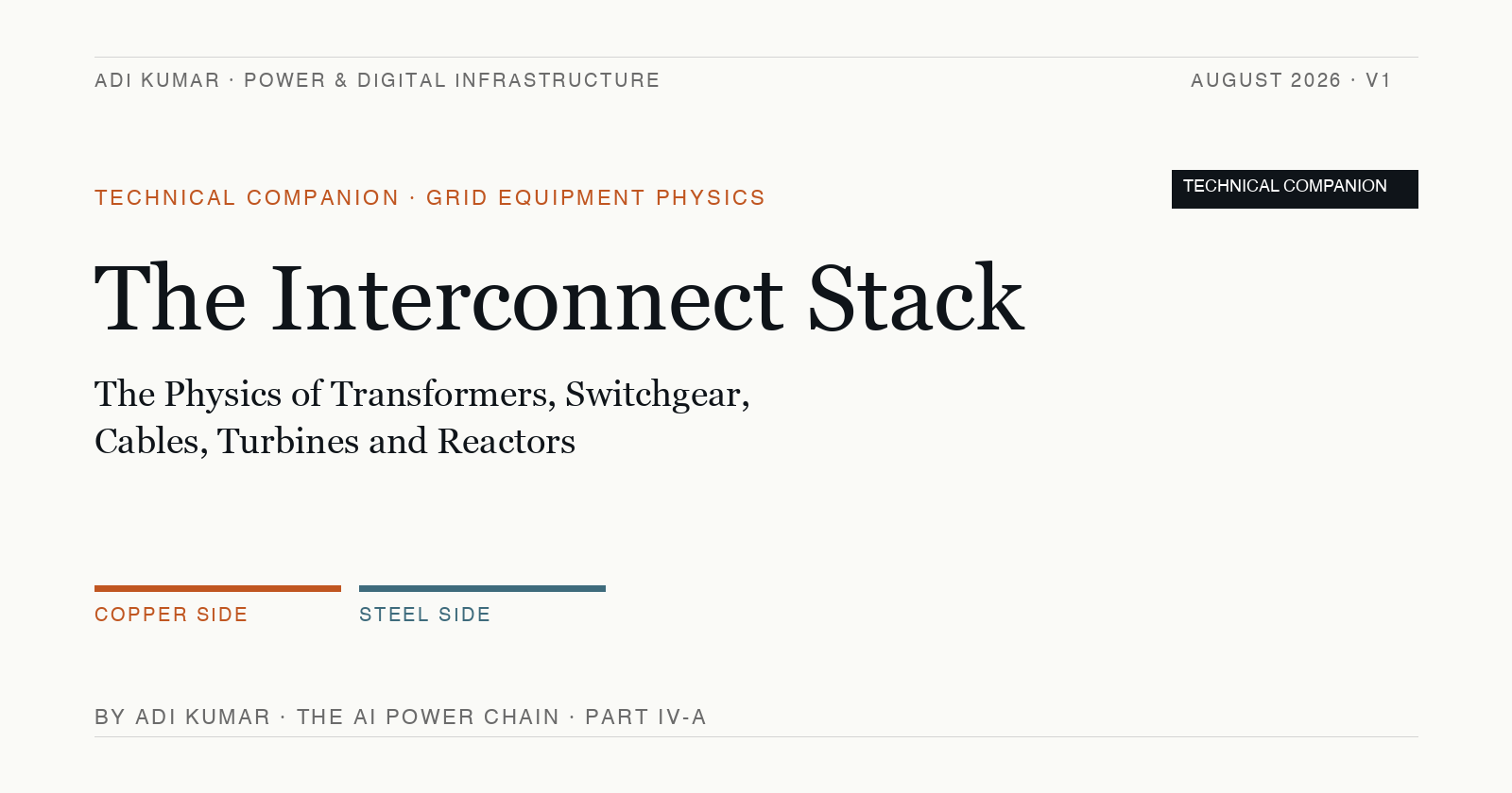 The Interconnect Stack Technical Companion, August 2026. Editorial cover with copper and steel accent bar.
