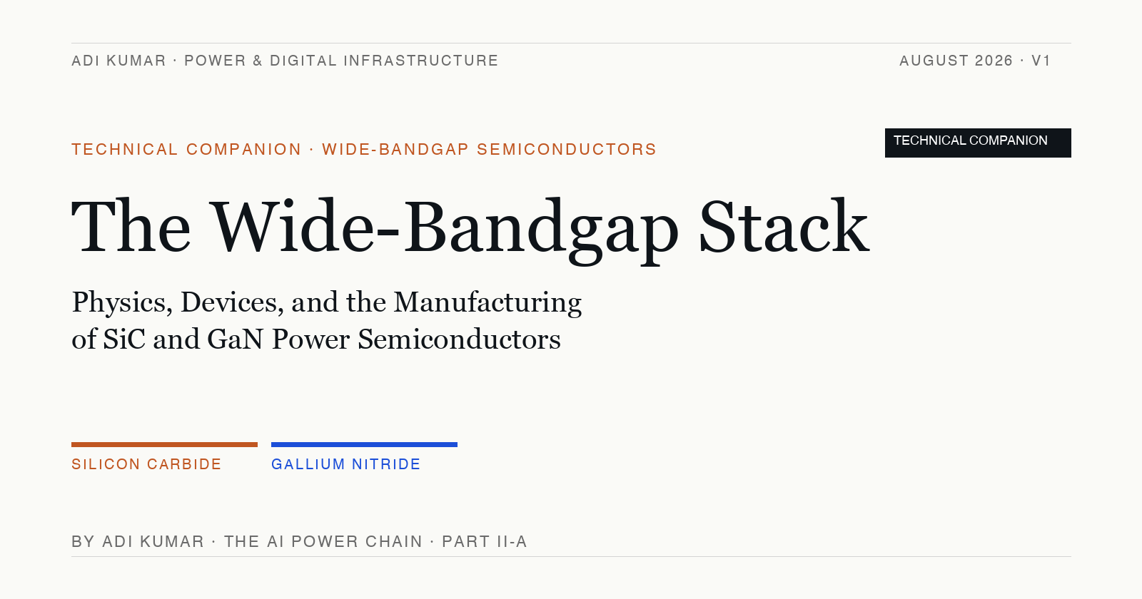 The Wide-Bandgap Stack Technical Companion, August 2026. Editorial cover with SiC and GaN accent bar.