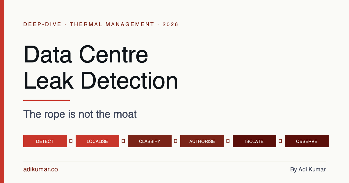 Data Centre Leak Detection cover with six-stage qualified path from DETECT to OBSERVE, and byline for adikumar.co